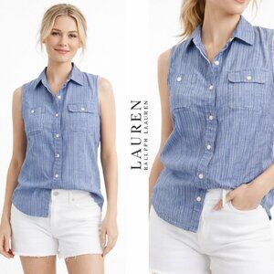 Lauren Ralph Lauren Linen Blue Striped Sleeveless Button Down Size Small